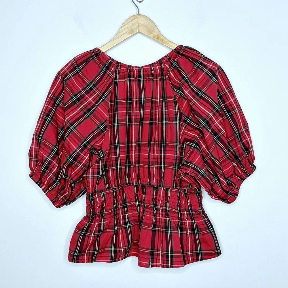 Old Navy Tartan Plaid Puff Sleeve Top Womens M Preppy Holiday Heritage Peplum